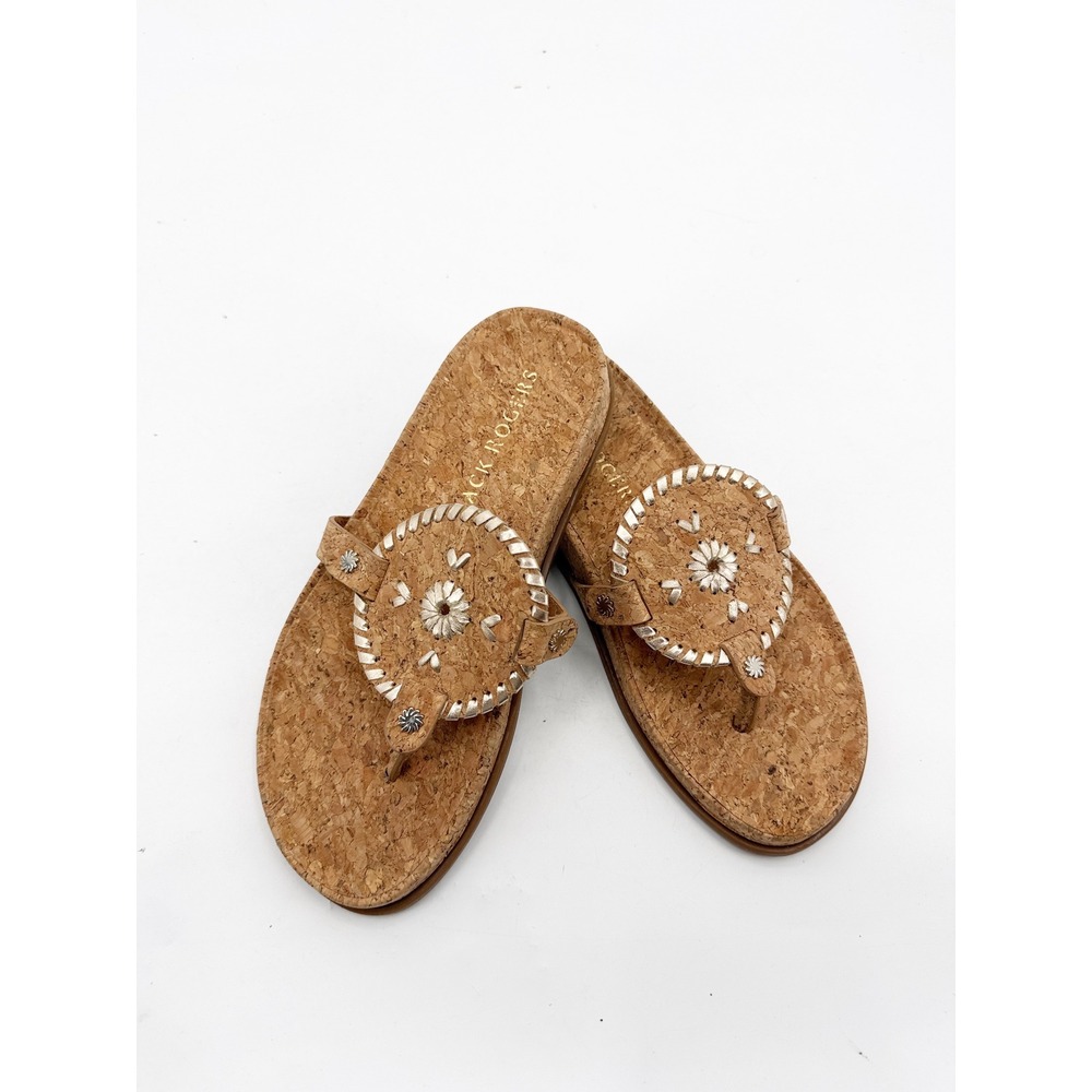 Jack Rogers Collins Cork Platform Thong Sandals Gold Whipstitch Womens 7.5M